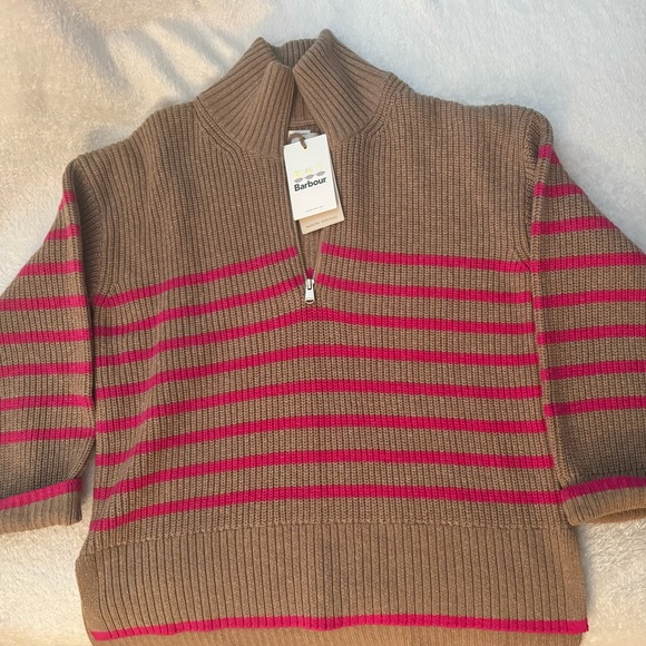 Barbour Sweaters - Barbour Jemima knit sweater in Taupe & Pink Stripe Half-Zip Ribbed Sweater
